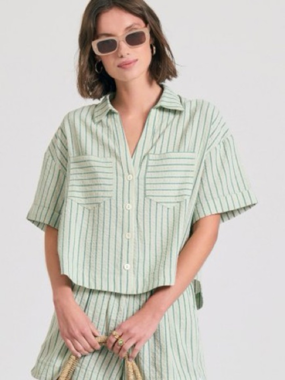 MISS LOVE Green/ Black Striped Crop Button Down Short Sleeve Linen Blend Shirt